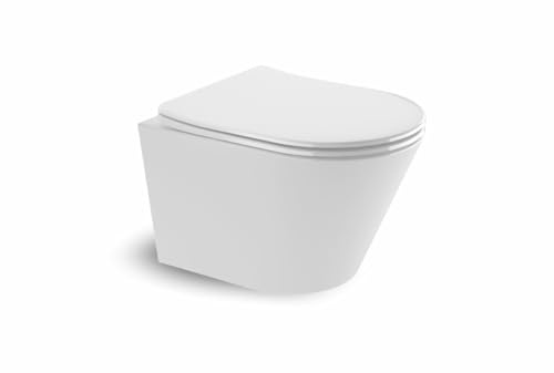 ERFU WC Suspendu Mural avec Fixations Invisibles, Sans Bride (Rimless), Abattant Soft-Close Ultra-Fin, Cuvette en Céramique Facile à Nettoyer, Design Moderne Rond Blanc Brillant Gain de Place