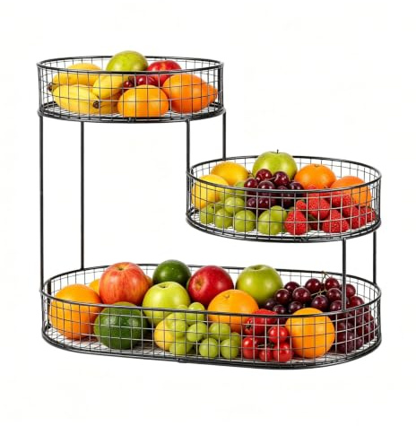 BREEZENEST Metal Fruit Basket 3 Tier Wire Fruit Bowl Stand Space Saving Vertical Storage Rack for Kitchen Counter Heavy Duty Vegetable Holder for Onions Potatoes Bread Snacks Home Décor Black