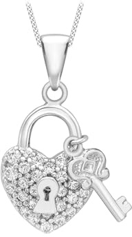 CARISSIMA Pendente da Donna in Oro Bianco 9 ct con Pendente a Lucchetto e Chiave in Zircone Cubico su Collana a Maglia Curb di Lunghezza 46 cm/18 Pollici