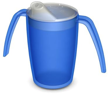 Ornamin two handled mug 220 ml blue with spouted lid small opening | ergonomic plastic mug with two handles, firm hold also for shaky hands | drinking aid, cup for the care, feeding cup