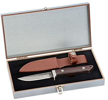 OLEIO Ganli Damast Jagdmesser mit Rosenholzgriff, 9,5 cm Klinge I aus 67 Lagen I Überlebensmesser, Gürtelmesser, Outdoor/Survival Messer aus Damaststahl mit Rosenholzgriff