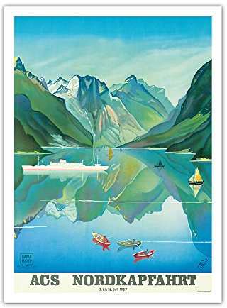 Pacifica Island Art - ACS Nordkapfahrt - Hapag-Lloyd Kreuzfahrten - Norwegen Fjordkreuzfahrt - Retro Kreuzfahrtschifffahrts Plakat von Albert Fuss c.1957 - Giclée Kunstdruck 30.5 x 41 cm