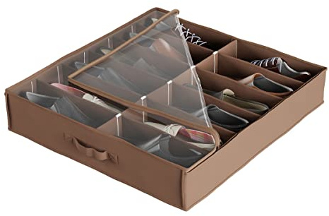Under Bed Storage Shoe Organizer Bag with Clear Plastic Zippered Cover, Stores 12 Pairs of Shoes by Everyday Home (Brown)