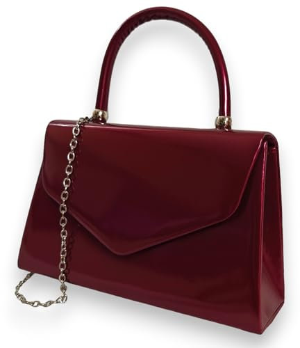 fi9 ®, BNWT, borsetta a mano in stile retrò, pelle verniciata, da sera, per matrimoni e feste, Rosso