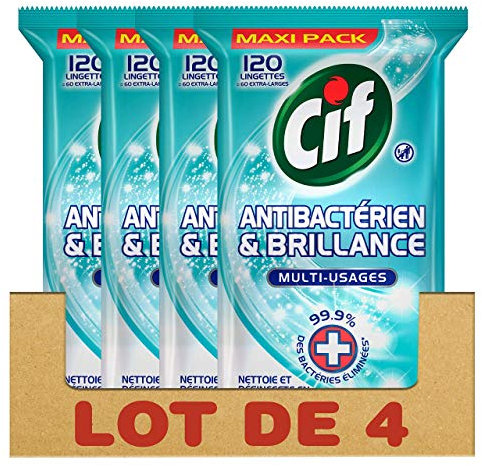 CIF Lingettes Nettoyantes Antibactériennes et Brillance, Élimine 99,9% des Bactéries, Résultat Impeccable, Nettoie et Désinfecte, 480 Unités (Lot de 4x120)