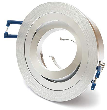 1x ALU Einbaustrahler GU10 Set – 1 Stück Aluminium Einbaurahmen Rund in Silber gebürstet Optik Inkl. GU10 Fassung für LED oder Halogen Leuchtmittel, 30° Schwenkbar, Rund, 230V