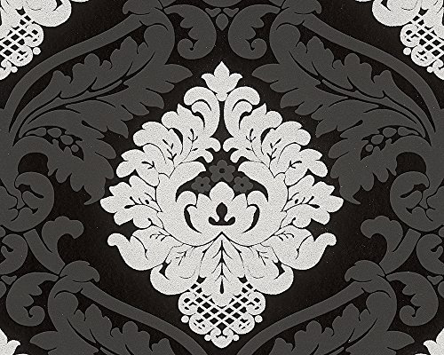 A.S. Création Vliestapete mit starkem Glitterauftrag Bling Bling Tapete neo barock 10,05 m x 0,53 m schwarz weiß Made in Germany 313959 3139-59