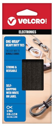 VELCRO Brand ONE-WRAP Bundling Strap – Reusable Fasteners for Keeping Cords and Cables Tidy - 8 x 1/2, 5 Ties, Black