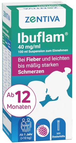 Ibuflam 4% Susp. z. Ein. 40mg/ml 100 ml, langanhaltende Fiebersenkung für bis zu 8h, effektive Linderung von Fieber und Schmerzen, auch für Kinder, mit praktischer Dosierhilfe, Himbeer-Geschmack