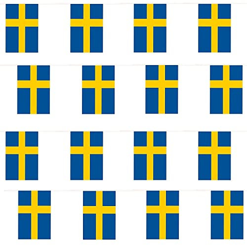 30m lange schwedische Flagge, Wimpelkette, Schweden Flagge, Party-Euro-Dekoration, groß, 20x30cm, wetterfest, Kunststoff-Wimpelkette, schwedische Flagge, Veranstaltungsbanner für Schule