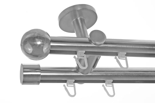 BASIT Gardinenstange Innenlauf Edelstahllook 20mm 2-läufig Decke 280cm D40 | Gardinenstangenset doppelläufig Deckenmontage Metall Vorhangstange Deckenhalterung 120-600cm wählbar Kappe Kugel E33