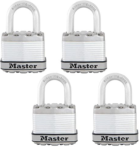 Master Lock M1XQCCSEN - Candado de acero laminado Magnum de 1-3/4 pulgadas de ancho, diámetro de 5/16 pulgadas, distancia del grillete de 1 pulgada, paquete de 4, plateado, paquete de 4, con llave