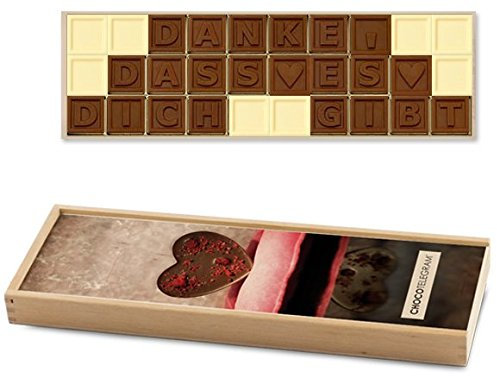 CHOCOLISSIMO - Cadeau de Remerciement - Chocolat Cadeau dans Boîte en Bois - Message de Remerciement en Chocolat pour Femmes, Hommes, Papa, Mama, Amie - ChocoTelegram DANKE, DASS ES DICH GIBT