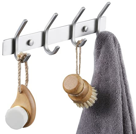 KES Kleiderhaken Garderobenleiste Hakenleiste Edelstahl SUS304 Kleiderhakenleiste Garderobenhaken 4 Haken Gaderobe Wand Handtuchhalter Bad Gebürstet, AH203H4-2