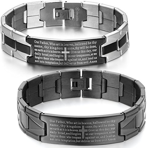 JewelryWe Bracciale Preghiera da Uomo, Gioielli Religiosi Cristianesimo,Padre Nostro Bibbia in Inglese,Regalo Natale,Croce
