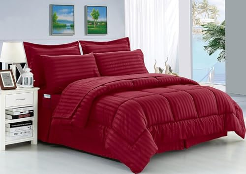 Elegant Comfort Knitterfrei, seidig weiches Dobby-Streifen-Bett-in-a-Bag 8-teiliges Bettdecken-Set – King Burgunderrot