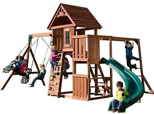 Swing-N-Slide PB 8272 Cedar Brook Wooden Swing Set Play Set with Two Swings, Slide, Monkey Bars, Picnic Table & Glider, Green