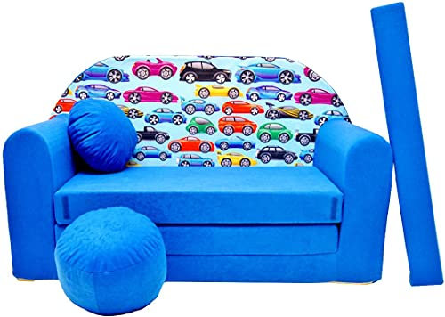 Pro Cosmo umwandelbares Kindersofa – perfekt zum Spielen und Schlafen – mit Abnehmbarer Matratze, Kissen und Pouf – 98x168x59 cm – leicht und einfach zusammenklappbar - C21 Balu - Autos