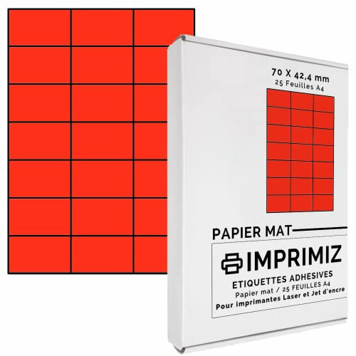 525 Selbstklebende Etiketten rot Neon von 70 x 42 mm - 21 Etiketten/Blatt - 25 Blatt A4 / Papier matt - Farbe - Für Inkjet/Laser/Kopier Drucker - Etiketten farbig