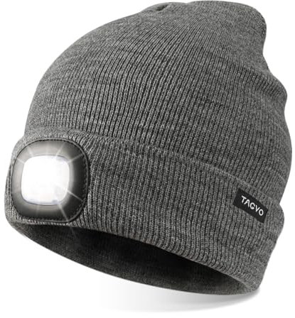 TAGVO USB Rechargeable LED Beanie Cap, Lighting and Flashing Alarm Modes 8 LED Hands Free Flashlight, Easy Install Quick Release Headlamp Beanie, Unisex Winter Warmer Knit Cap Hat - Grey