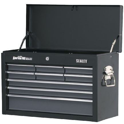 Sealey AP2509B 9 Drawer Topchest with Ball Bearing Runners, 600mm x 260mm x 380mm, Black/Grey