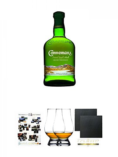 Connemara Peated Single Malt 0,7 Liter + Poster The Making of Malt Whisky DIN A1 + The Glencairn Glass Whisky Glas Stölzle 2 Stück + Schiefer Glasuntersetzer eckig ca. 9,5 cm Ø 2 Stück