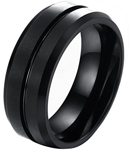 JewelryWe Ring Herren Wolfram Schwarz: 8MM Breite Wolframcarbid Herren-Ring Gebürstet mit Rille in der Mitte Partnerringe Männer Verlobung Hochzeit Band Gravur Größe 65