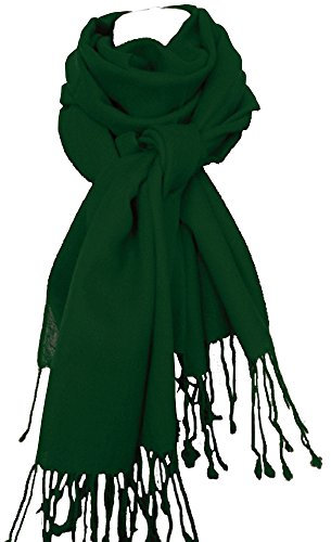 nella-mode XXL Wollschal (205x70 cm inkl Fransen); Feiner & weicher unifarbener Schal Tuch Stola aus 100% Wolle Damenschal in vielen Farben zur Auswahl (Dunkelgrün)
