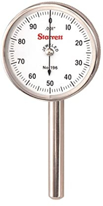 Starrett 196B1 Universal Dial Indicator, Back Plunger, White Dial, 0-100 Reading, 0-0.2 Range, 0.001 Graduation