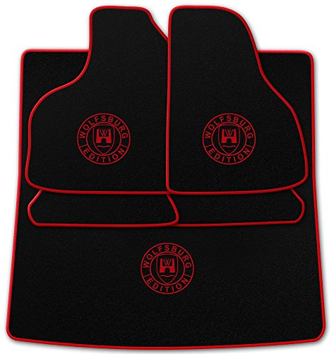(Mit Farbauswahl Q100) Passform Auto Fußmatten + Kofferraumteppich mit Druck Wolfsburg Edition (WOB) und Rand in Rot für VW Golf 3 Schrägheck 1H Baujahr 1996-1997