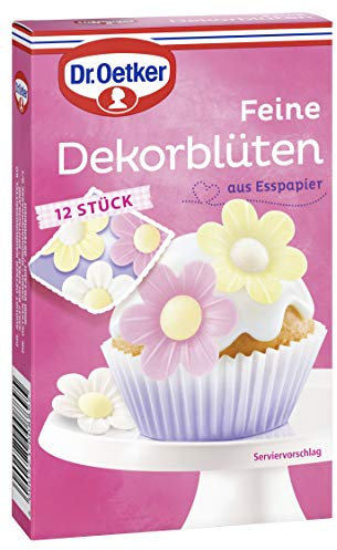Dr. Oetker Feine Dekorblüten, 12 Stück, bunte Kuchendeko, Blüten aus Esspapier in Gelb, Rosa & Weiß, farbenfrohes Dekor zum Verzieren von Muffins, Cupcakes & Torten, vegan