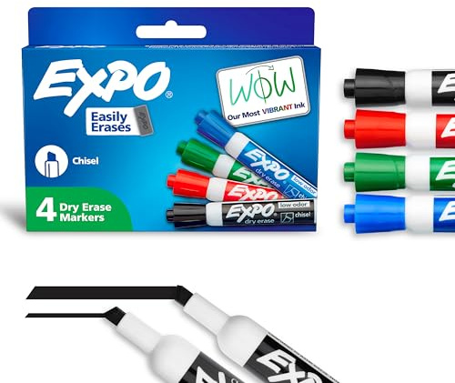 EXPO Dry Erase Markers, Low Odor Ink, Assorted Colors, Chisel Tip, 4 Count - Whiteboard, Calendar, Organization, Essential Supplies for Office, School, Classroom, Teachers