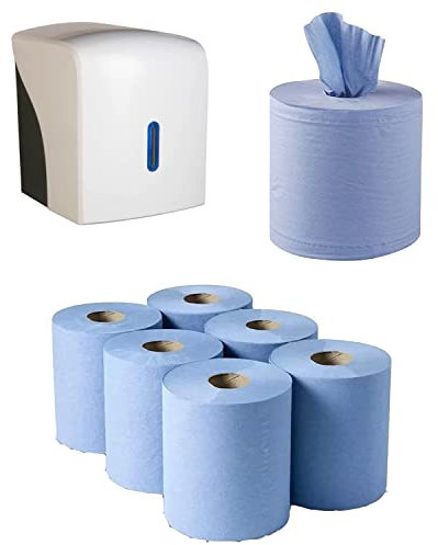 Pack of 6 Centrefeed Blue Paper Rolls & White Lockable Dispenser Unit Paper Hand Towel Dispenser -