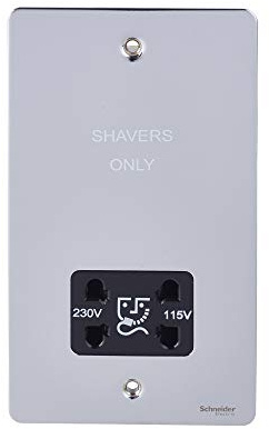 Schneider Electric Ultimate Flat Plate - Double Shaver Socket, Dual Voltage, 115/230V GU7290BPC, Polished Chrome with Black Insert