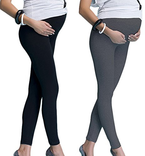 Mija Lot de 2 leggings de grossesse longs et confortables pour femmes enceintes 7200 V, Noir + Graphite, M
