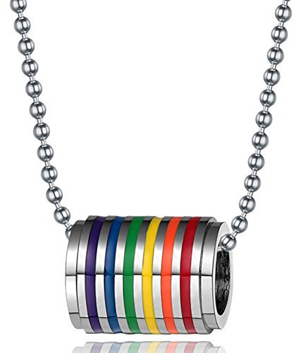 Flongo Gay Pride Schwul LGBT Anhänger Halskette, Edelstahl Silber Bunt Mehrfarbig Multicolor Regenbogen Streifen Gay Pride Schwul Lesben Homosexual Homosexuell