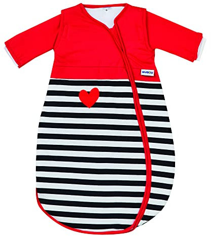 Gesslein Baby Schlafsack Bubou, Schlafsack mit Temperaturregulierung (langer Reißverschluss, 50/60),schwarz-weiß Streifen rot mit Herz Motiv