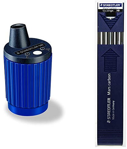 Staedtler Mars Minen-Spitzer 502 Minenspitzdose für 2 mm Minen, Metall-Minenfräser, automatischer Spitzstop, Messvorrichtung zur Spitzkonus-Einstellung & 200 Mars carbon Zeichenmine 12 Stück Etui, HB