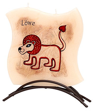 Dekohelden24 Sternzeichen Löwe - Hochwertige Flachkerze mit Metallständer, 16 x 16 cm