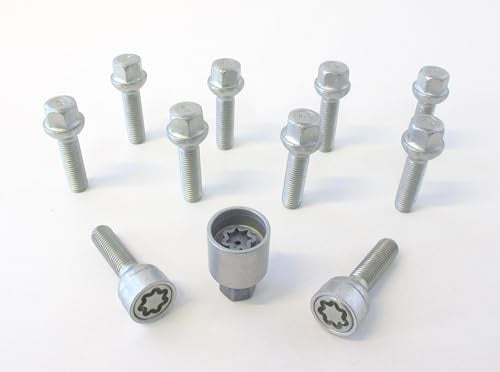 H&R Radschrauben Satz Kugelbund R12 M12x1.50 - Länge 55mm - 10 Stück (z.B. kompatibel mit Mercedes) - inkl. Felgenschloss