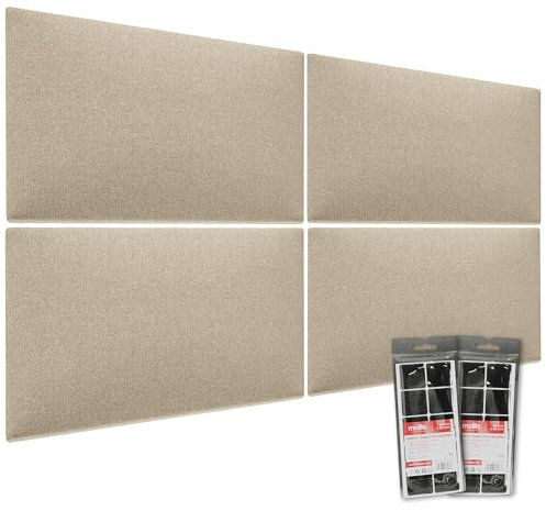 MOLLIS - Lot de 4 panneaux muraux rectangulaires et décoratifs - En mousse - Pour tête de lit ou protection contre les chocs - Réduit le son et améliore l'acoustique - 60 x 30 cm - Beige clair