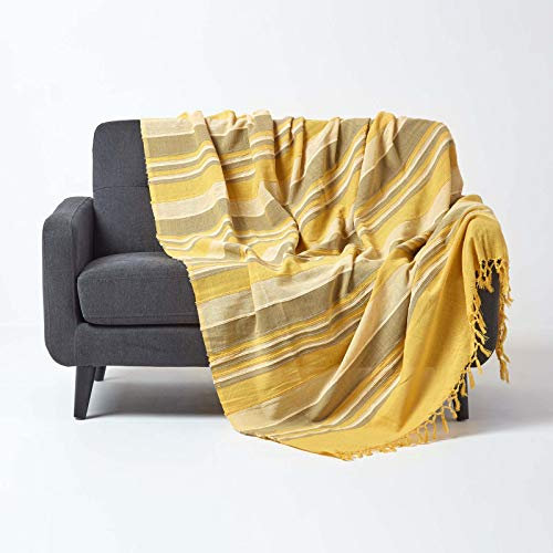 Homescapes große Tagesdecke Morocco, gelb, Sofa-Überwurf aus 100% Baumwolle, weiche Wohndecke 225 x 255 cm, gelb gestreift, mit Fransen