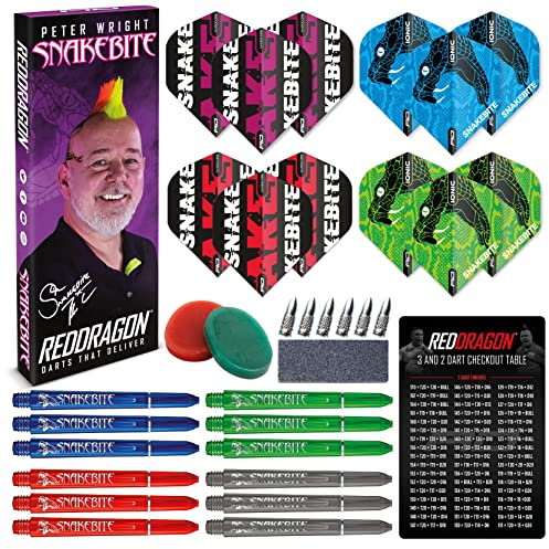 RED DRAGON Darts – Peter Wright Snakebite – Darts-Zubehörpaket – Enthält Dart-Flights, Schäfte, Fingergriffwachs, Flight Saver und mehr – Professionelles Darts-Zubehör