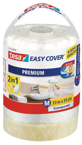 tesa Easy Cover Premium Abdeckfolie für Malerarbeiten – Nachfüllrolle – 2 in1 Malerfolie und Malerband – Ersatz-Rolle für Abroller – 33 m x 55 cm