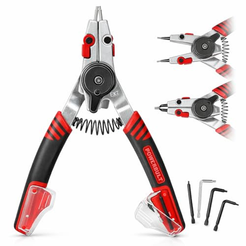 Powerbuilt Snap Ring Pliers with Combination Internal External Switch, Reversible, Remove and Install, Spring Loaded, Tips Included - Red 941336
