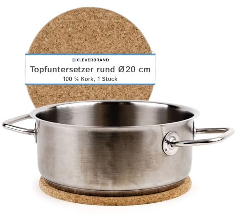 Cleverbrand Topfuntersetzer aus Kork, hitzebeständig, Ø 20 cm, 10 mm stark, rund, Naturkork Untersetzer für Töpfe und Pfannen – Made in Portugal
