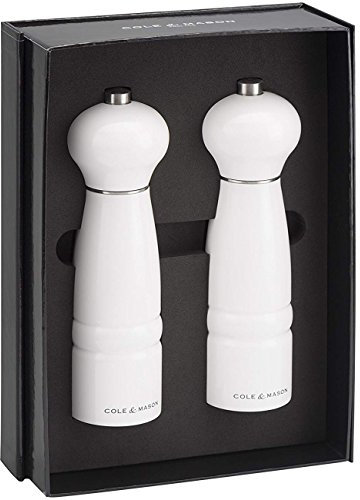 Cole and Mason 18 cm Madera de Haya Lacado Windsor molinillos de Sal y Pimienta de Regalo y Juego de, Acabado en Blanco Brillante