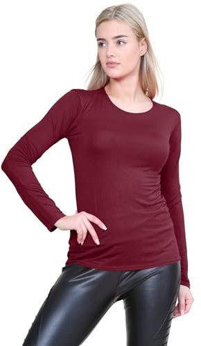janisramone® Long Sleeve T Shirts Women, Plain Round Neck Breathable Basic Summer Tops for Women UK, Stretchy Slim Fitted Going Out Tops Wine