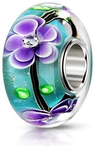 MATERIA by Matthias Wagner Blumen Glas Bead türkis lila mit 3 Zirkonia für European Beads Armband 1034