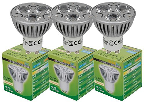 Trango 3er Pack GU1003*3 GU10 LED Leuchtmittel – 4,2 Watt - 3000K warmweiß zum Austausch GU10 & MR16 Halogen Leuchtmittel, für Einbauleuchten, Deckenstrahler, Einbaustrahler, Deckenleuchte, Spots